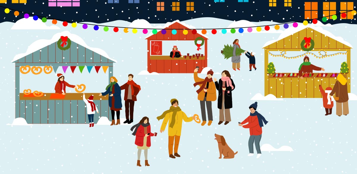 Winter scene with people and dog