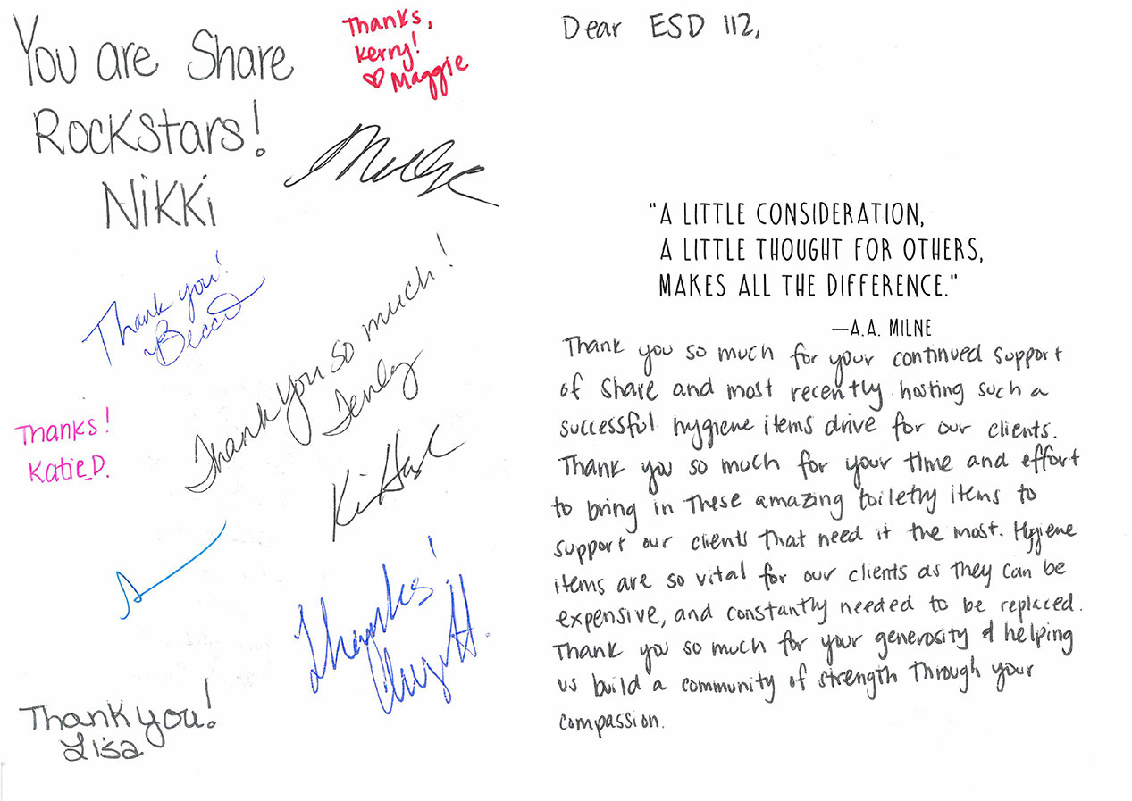 Thank you card from Share staff