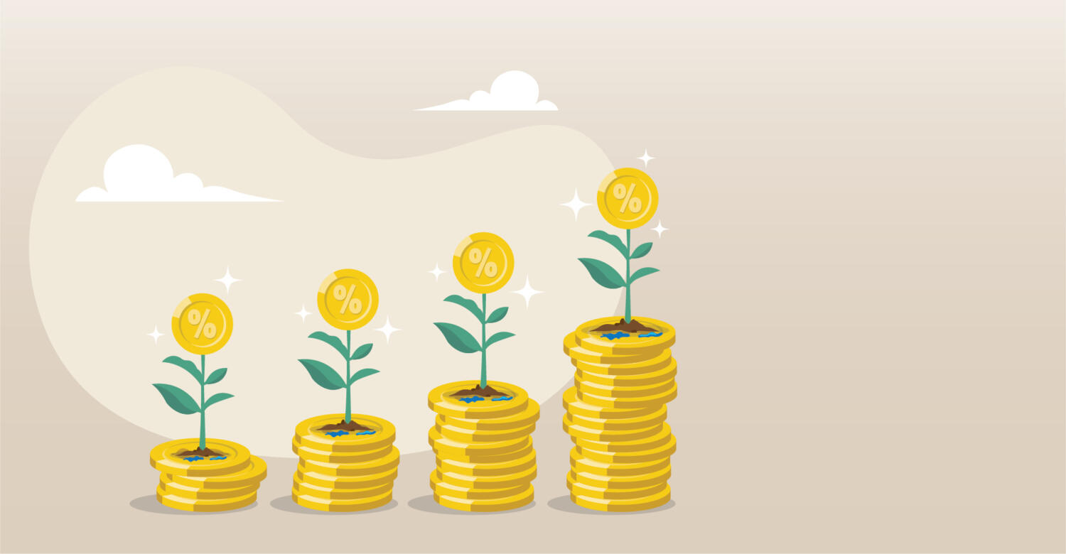 decorative image showing increasing stacks of coins with coin flowers growing out of them.